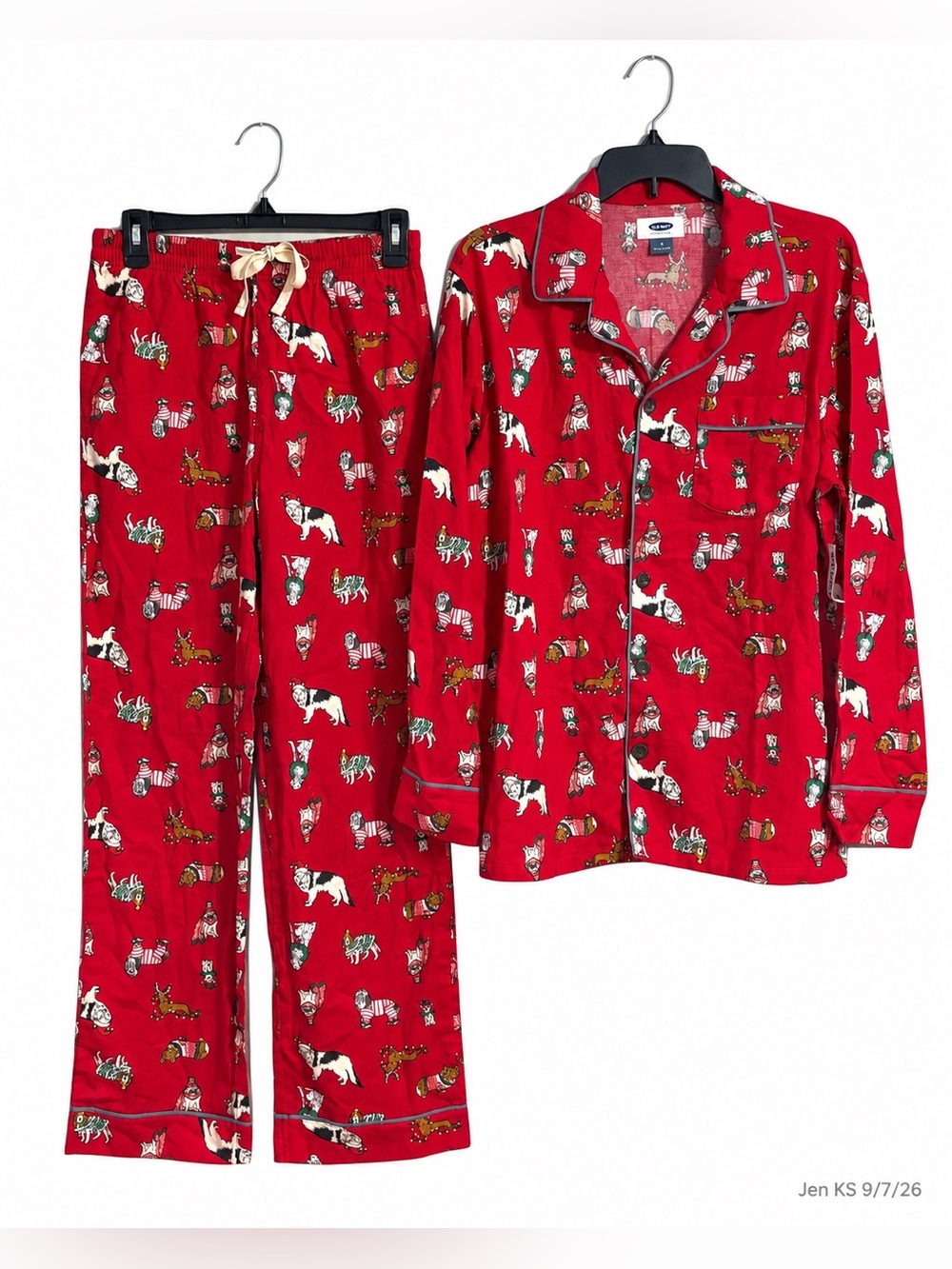 Old Navy Christmas Pajama Set Unisex Medium Red Dog Print Cotton Flannel